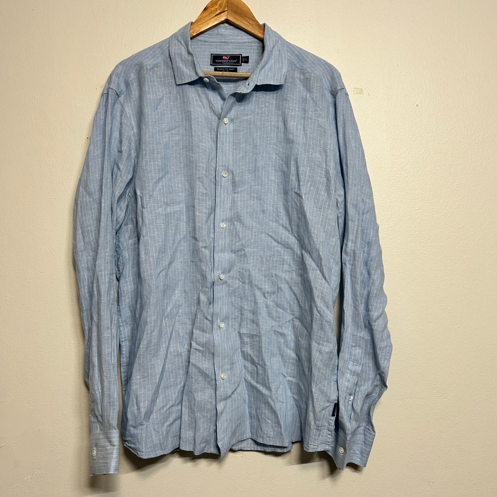 Vineyard Vines Mens Large Blue White Striped 100% Linen Classic Fit Shirt